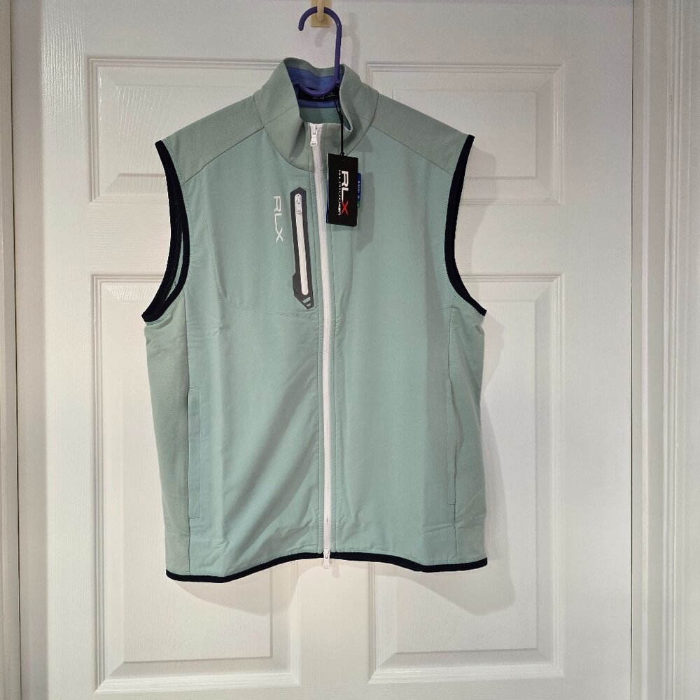 RLX Ralph Lauren Men's Golf Full Zip Wicking Stretch‎ Vest Green Navy Medium NWT